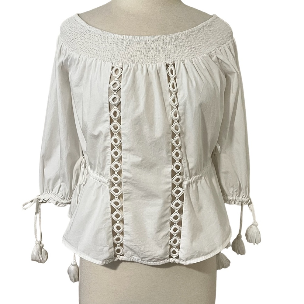 White Tularosa Sansa smocked elastic off the shoulder neckline and eyelet trim